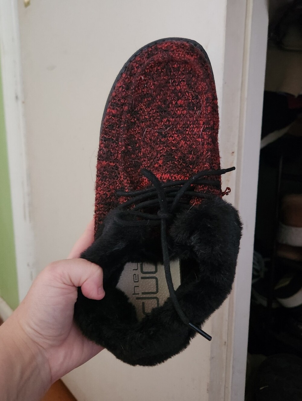 Hey Dude Women's Red and Black Knit Lace-Up Shoe with Faux Fur Collar